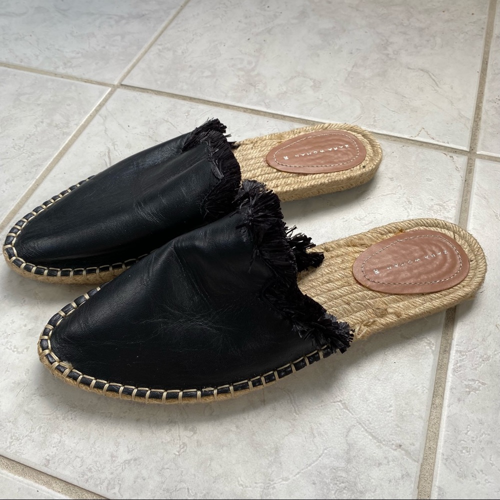Zara Black Fringe Mule Espadrilles size 38